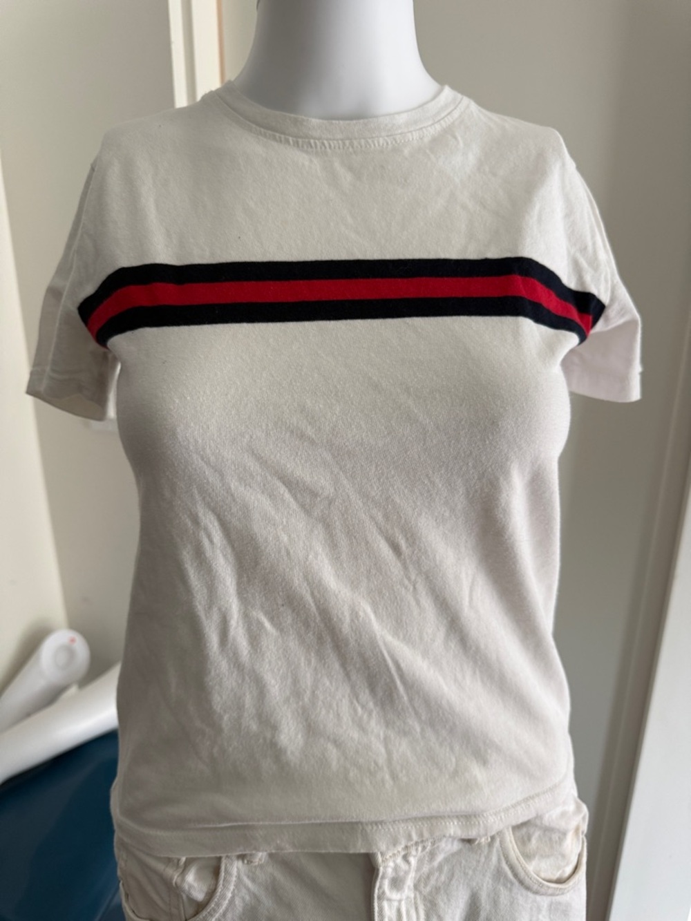 Brandy Melville White Short Sleeve Tee with Red and Blue Stripe